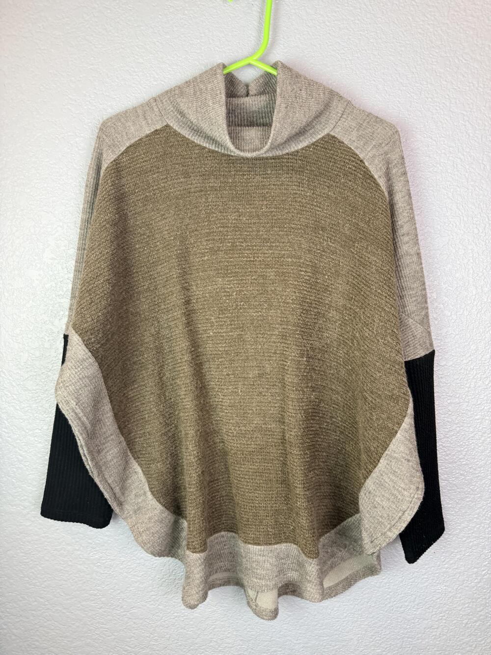 THML Cape Sweater Womens Large Brown Mock Neck Dolman Sleeve Colorblock Knit